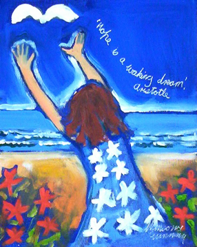Illustration of a girl on a beach releasing doves